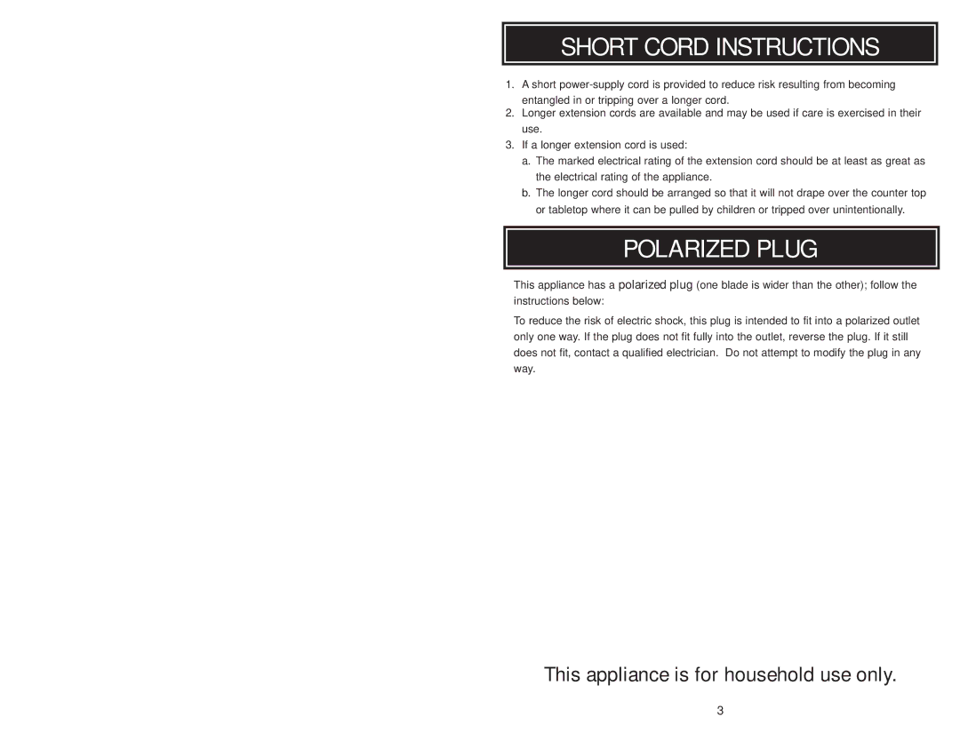 Aroma ARC-720-1G instruction manual Short Cord Instructions, Polarized Plug 