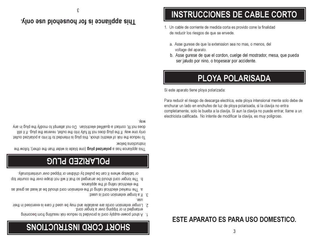 Aroma ARC-720-1G instruction manual Plug Polarized, Instructions Cord Short Instrucciones DE Cable Corto, Ploya Polarisada 