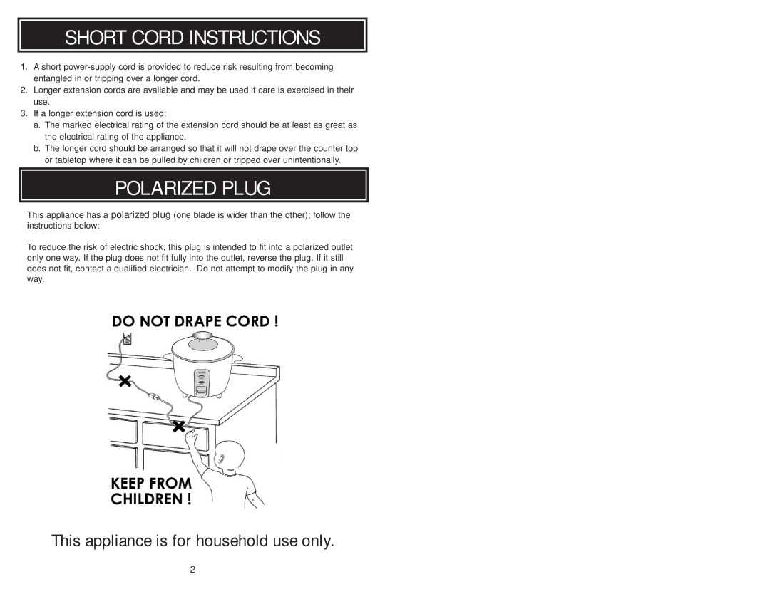 Aroma ARC-720G instruction manual Short Cord Instructions, Polarized Plug 