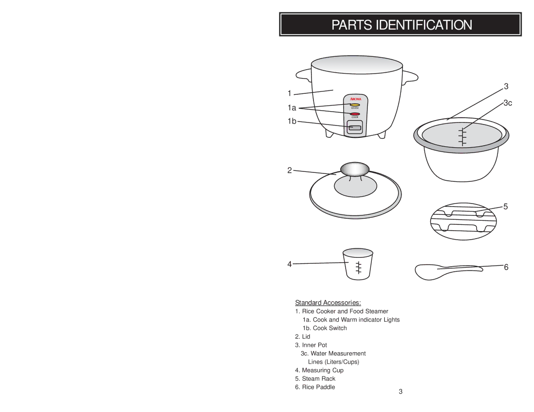 Aroma ARC-720G instruction manual Parts Identification, Standard Accessories 