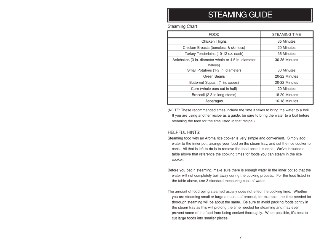 Aroma ARC-720G instruction manual Steaming Guide, Steaming Chart, Food Steaming Time 