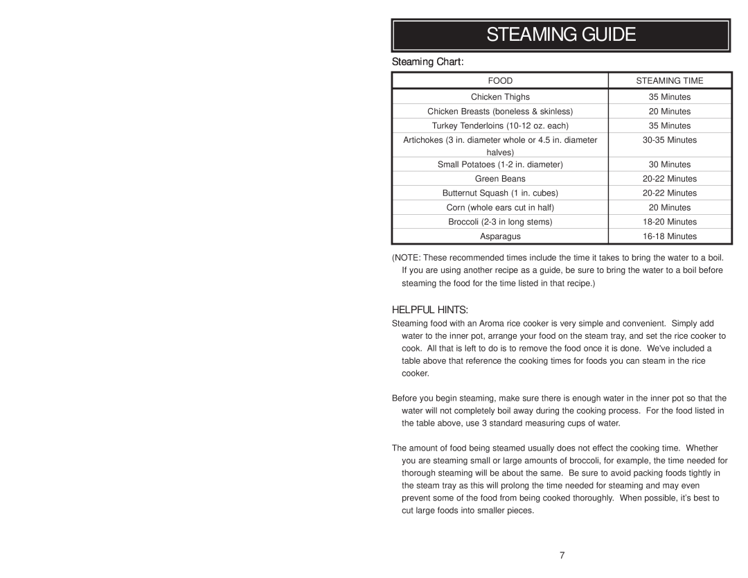 Aroma ARC-720G instruction manual Steaming Guide, Steaming Chart, Helpful Hints, Food, Steaming Time 