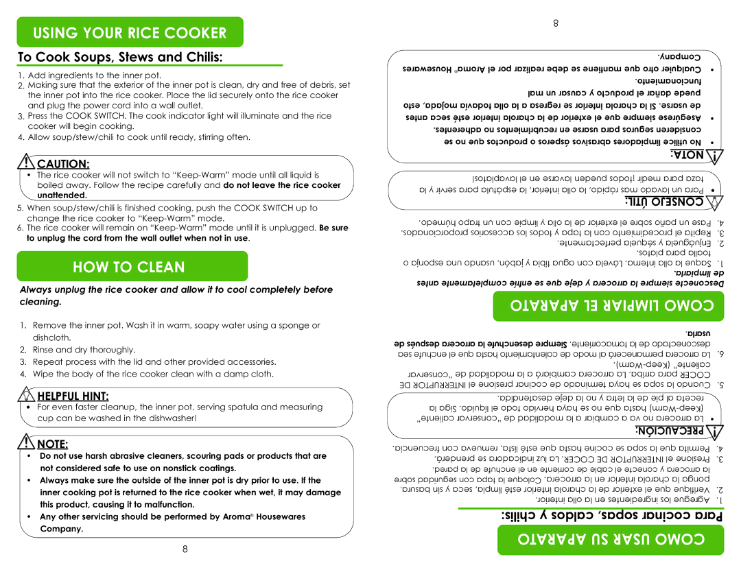 Aroma ARC-7216NG instruction manual HOW to Clean, Lmi Pai Rco, To Cook Soups, Stews and Chilis, CocParai, Il Ejo Con S 