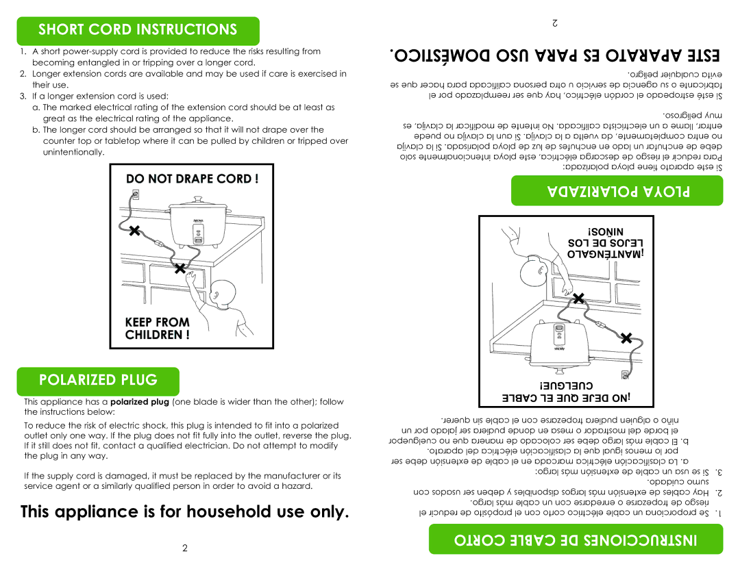 Aroma ARC-7216NG Short Cord Instructions, Polarized Plug, PO LA R Ipzaloday Niños ! Losde Lejos ¡MANTÉNGALO, Ni St 