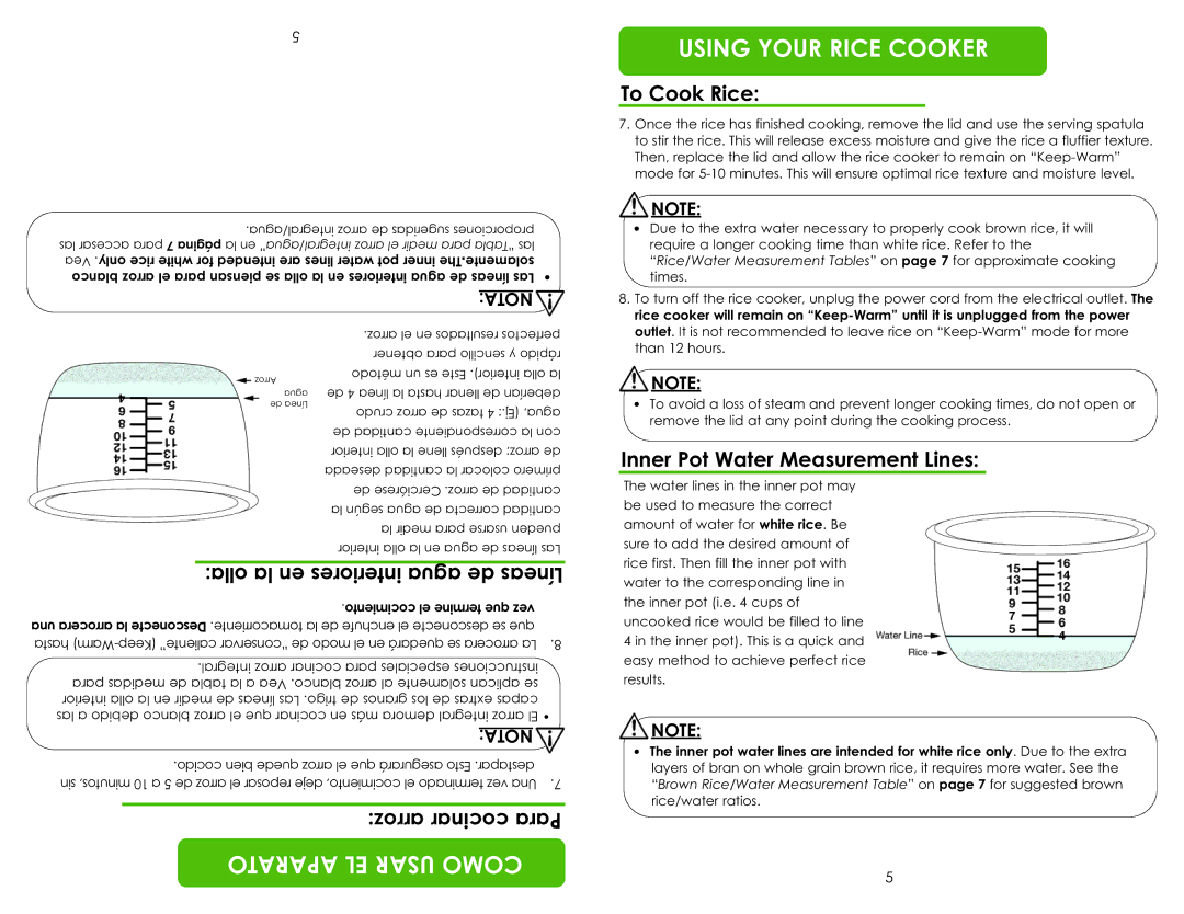 Aroma ARC-7216NG instruction manual CocPaiar, Inner Pot Water Measurement Lines 