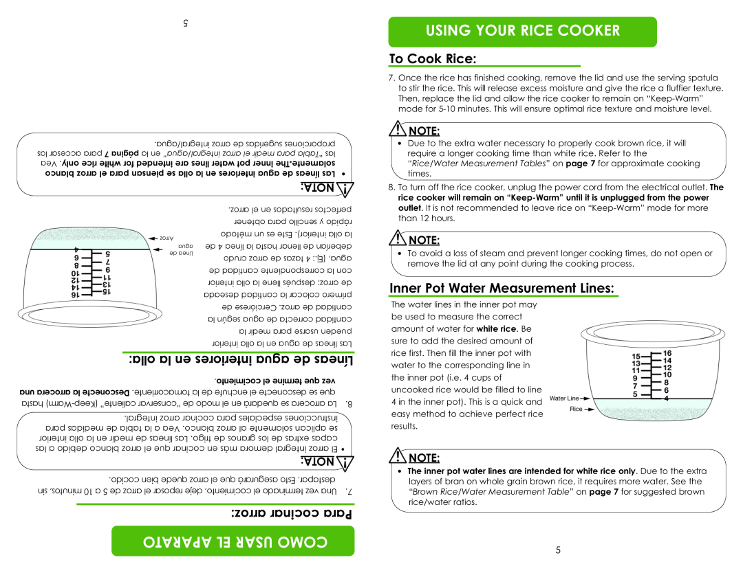 Aroma ARC-7216NG r cocPaiar, Inner Pot Water Measurement Lines, o lalal ens, oi re, Línea, ni eturaag des, To Cook Rice 