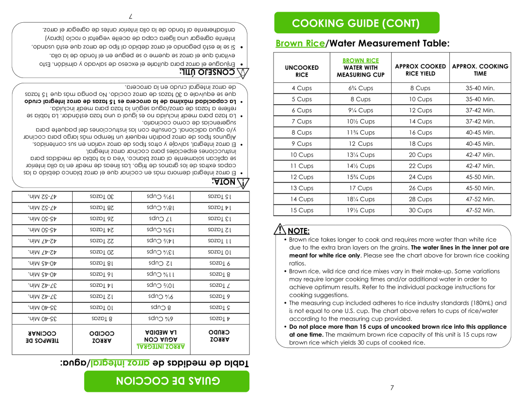Aroma ARC-7216NG Cooking Guide Cont, r de, Brown Rice/Water Measurement Table, Ejo Con S, Nota, Tab al, L Ú T, inetgrarazo 