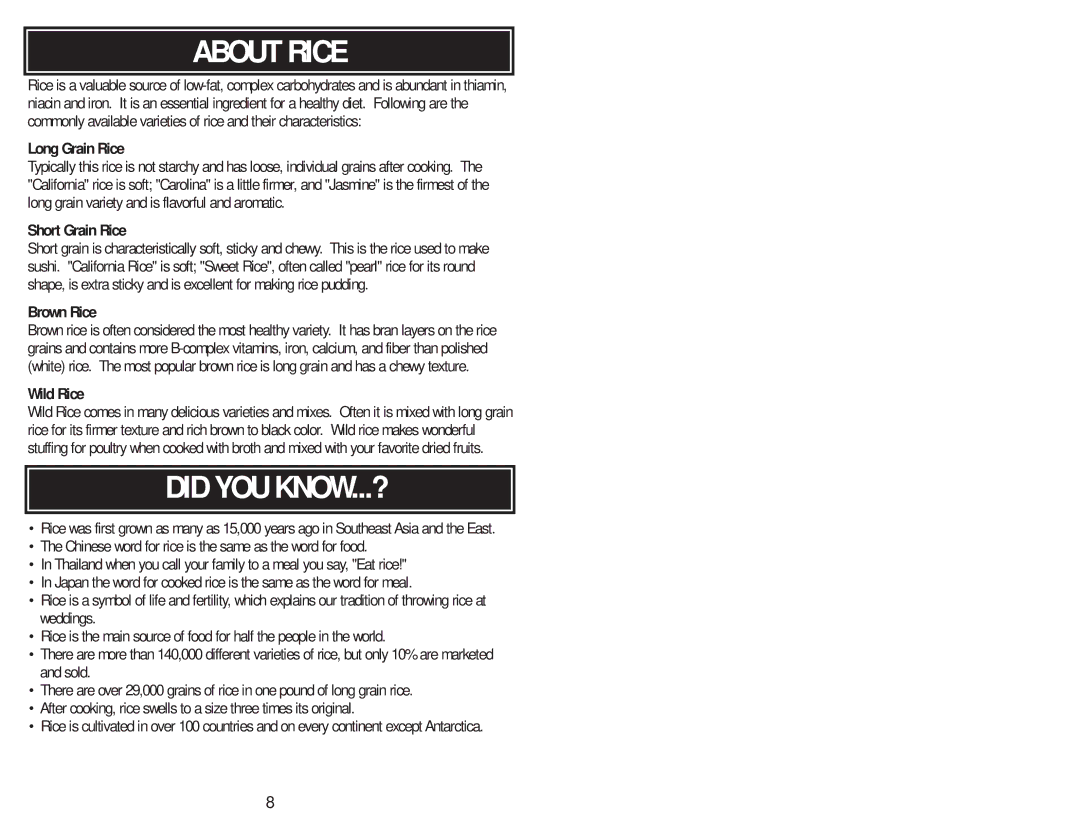 Aroma ARC-727-1NG instruction manual About Rice, Did YOU KNOW...? 