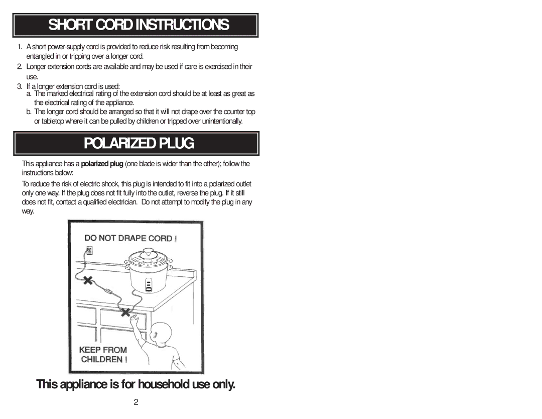 Aroma ARC-727-1NG instruction manual Short Cord Instructions, Polarized Plug 