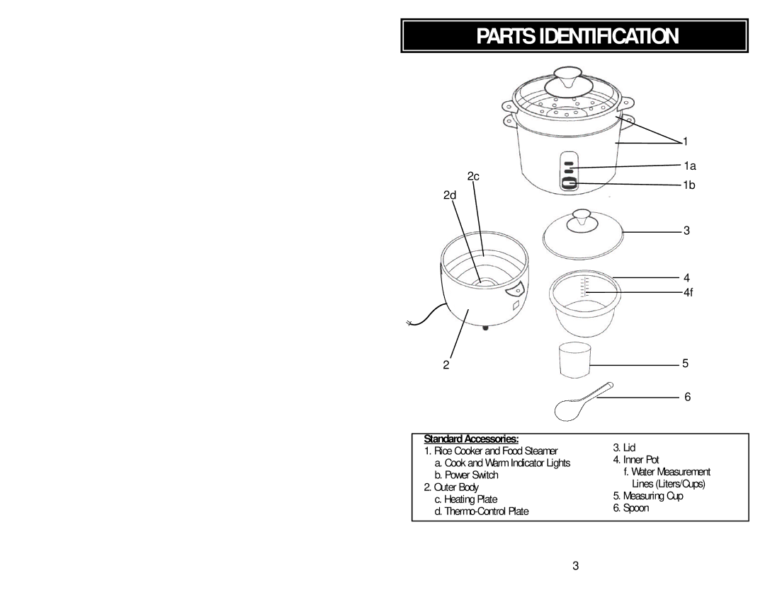 Aroma ARC-727-1NG instruction manual Parts Identification, Standard Accessories 