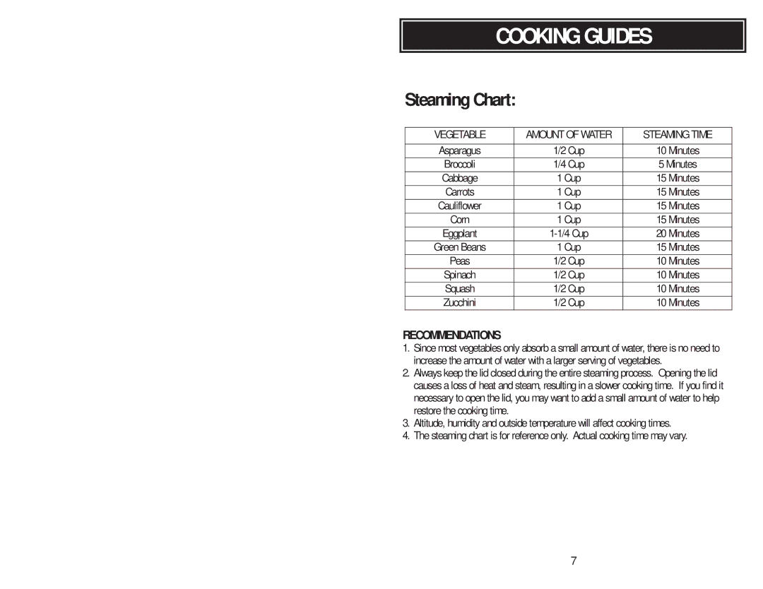 Aroma ARC-727-1NG instruction manual Steaming Chart 