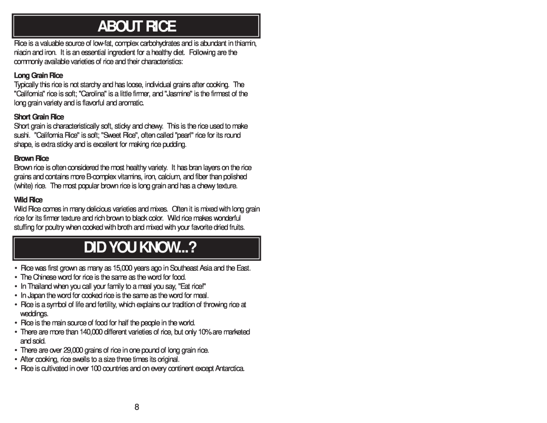 Aroma ARC-727-1NG instruction manual About Rice, Did You Know...?, Long Grain Rice, Short Grain Rice, Brown Rice, Wild Rice 