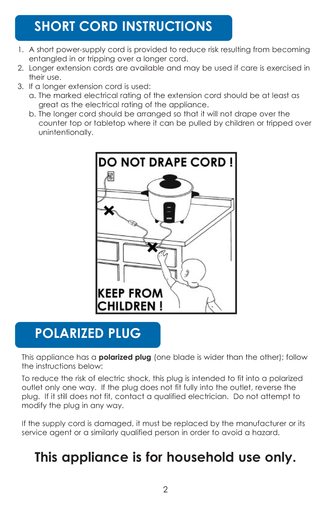 Aroma ARC-730G instruction manual Short Cord Instructions, Polarized Plug 