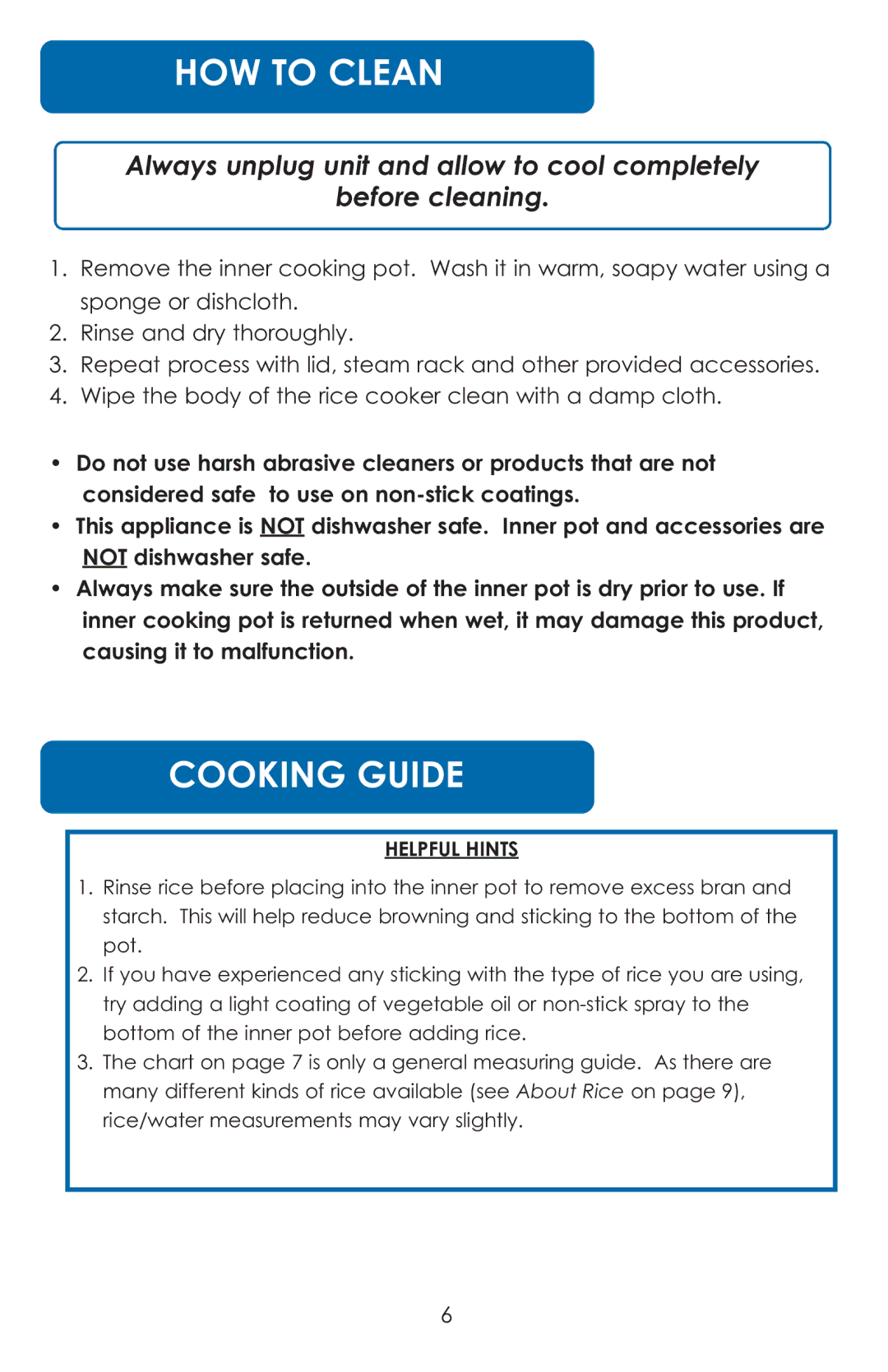 Aroma ARC-730G instruction manual HOW to Clean, Cooking Guide, Helpful Hints 