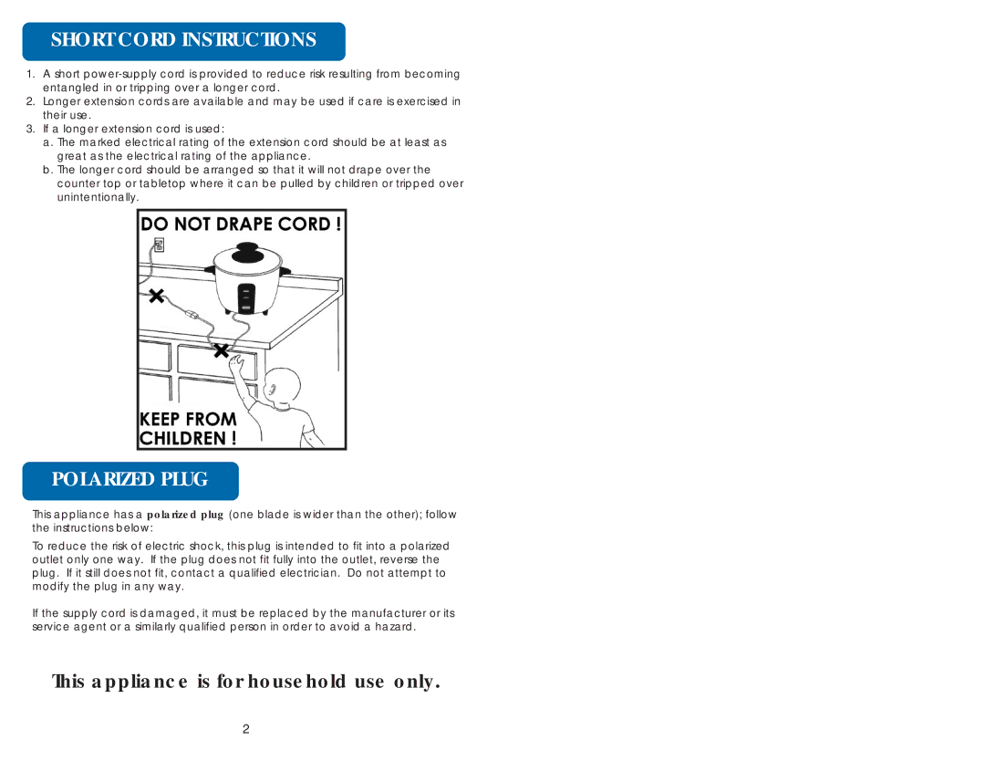 Aroma ARC-7315G instruction manual Short Cord Instructions, Polarized Plug 