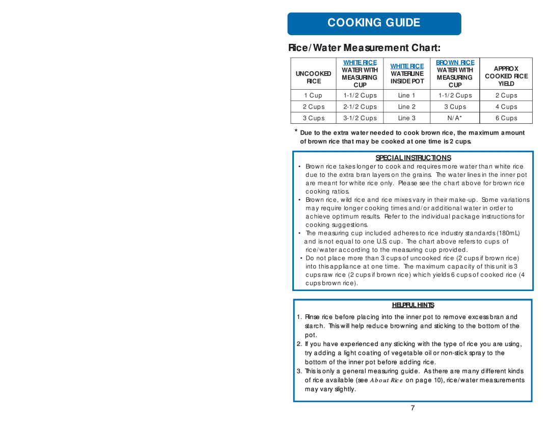 Aroma ARC-733-1G instruction manual Cooking Guide, Rice/Water Measurement Chart 