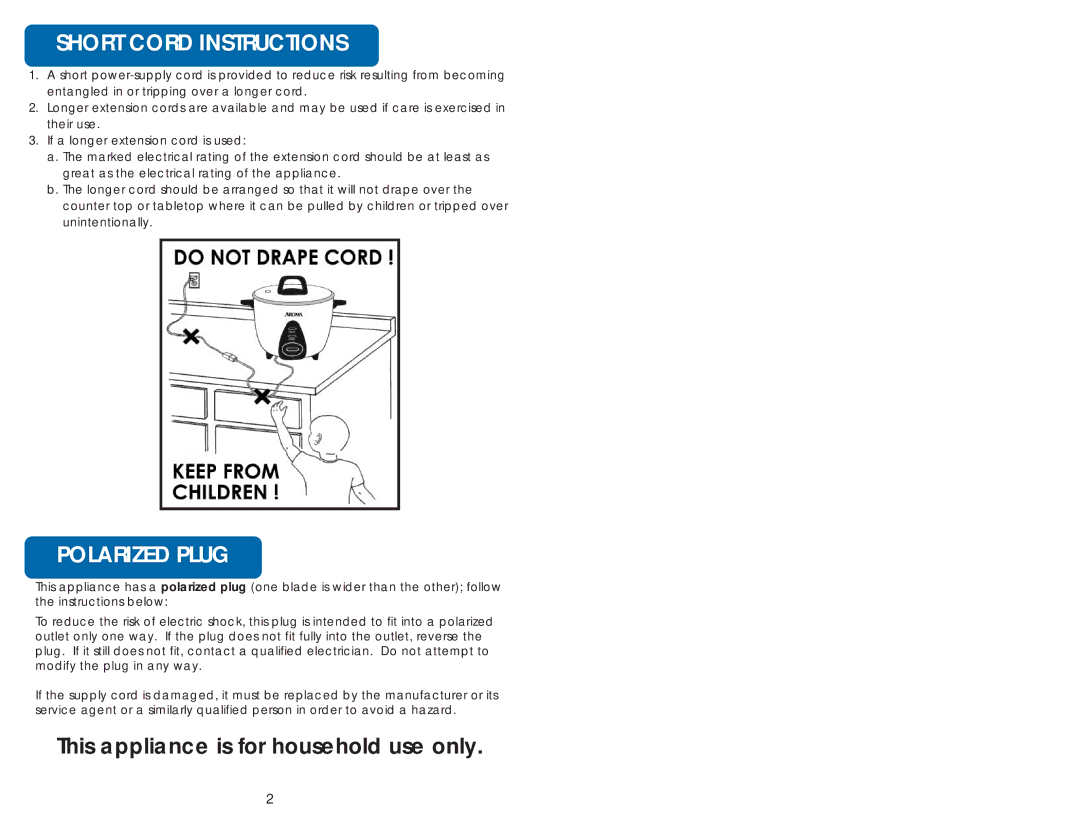 Aroma ARC-737-1G instruction manual Short Cord Instructions, Polarized Plug 