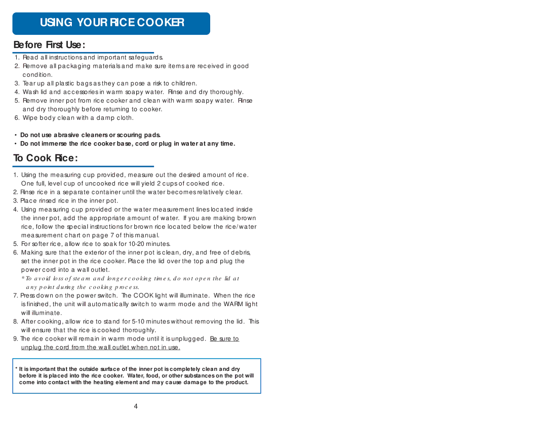 Aroma ARC-737-1G instruction manual Using Your Rice Cooker, Before First Use, To Cook Rice 