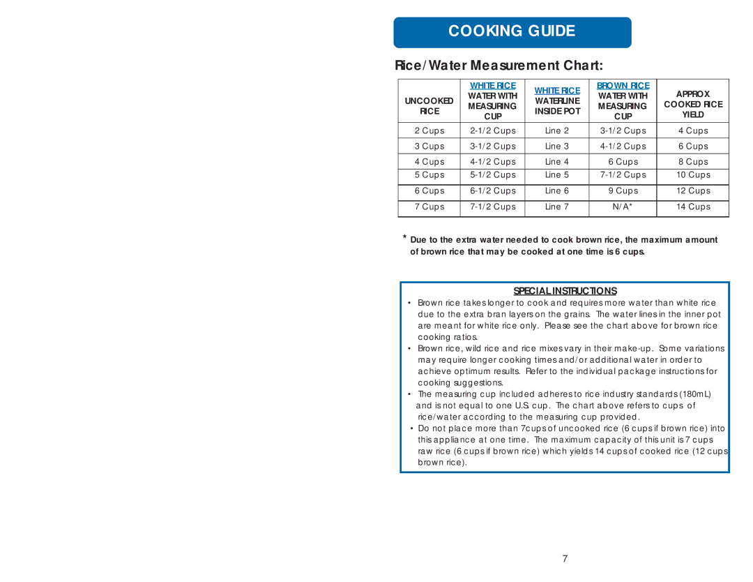 Aroma ARC-737-1G instruction manual Rice/Water Measurement Chart, Approx Uncooked, Cooked Rice CUP, Yield 