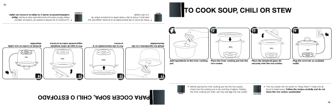 Aroma ARC-740-1NG manual To Cook SOUP, Chili or Stew, Estofado O Chili SOPA, Cocer Para, Place the inner cooking pot into 