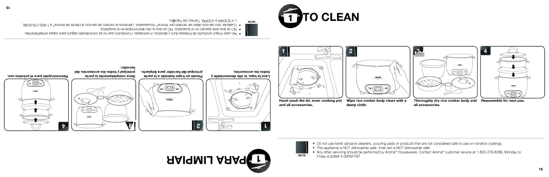 Aroma ARC-740-1NG manual To Clean, Limpiar Para, Co Paci del Tiempo 430PM, a 830AM V-L, Friday 830AM-430PM PST 