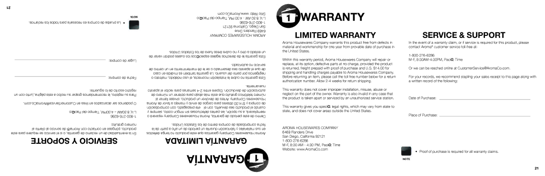 Aroma ARC-740-1NG manual Garantía, Warranty, Compra de Lugar Compra de Fecha, Comprobación con prepagado, ete 