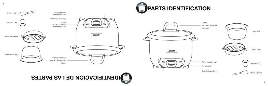 Aroma ARC-740-1NG manual Partes LAS DE Identificacion, Servir de Pala, Medir de Taza, Vapor de Bandeja 