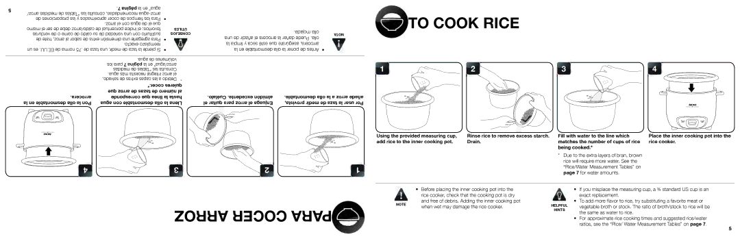 Aroma ARC-740-1NG manual To Cook Rice, Arroz Cocer Para, Mojada olla, When wet may damage the rice cooker 