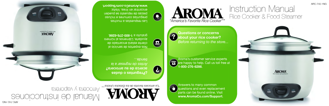 Aroma ARC-740-1NG manual Questions or concerns, about your rice cooker?, com/Support.AromaCo.www, vaporera y Arrocera 