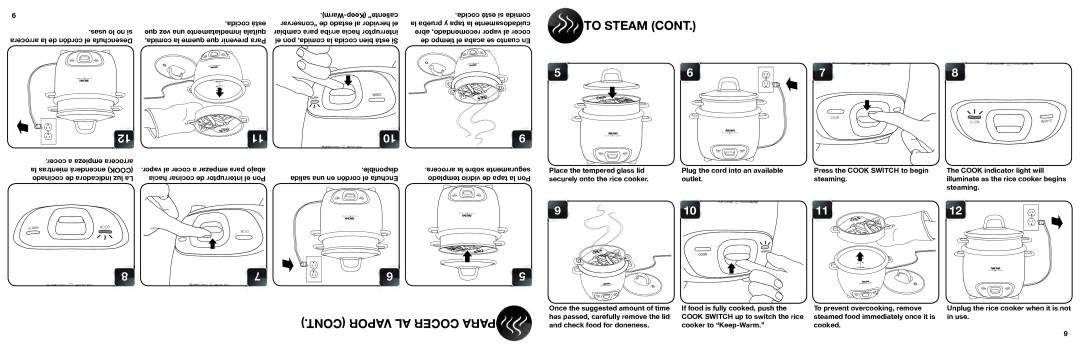 Aroma ARC-740-1NG manual To Steam Cont, Cont Vapor Al Cocer Para 