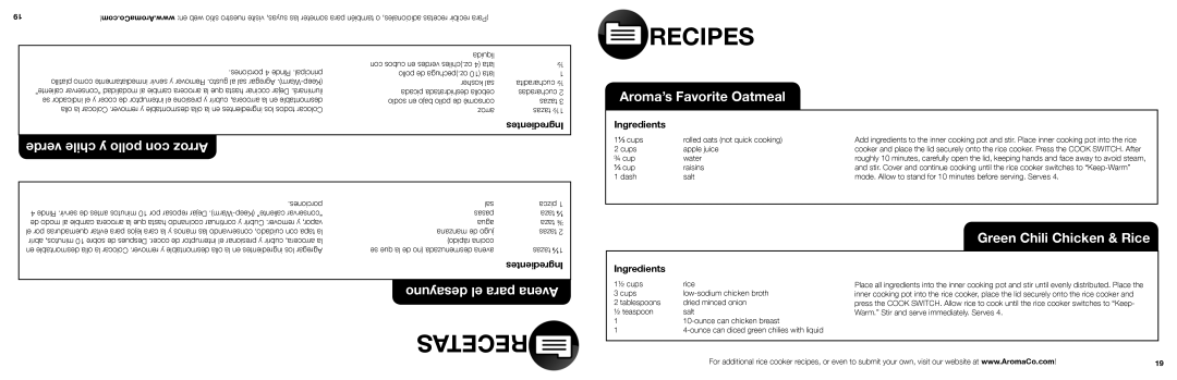 Aroma ARC-740-1NG manual Recipes, Recetas, verde chile y pollo con Arroz, Aroma’’s Favorite Oatmeal, desayuno el para Avena 