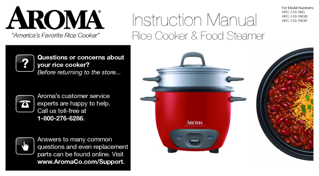 Aroma ARC-743-1NGB, ARC-743-1NGR instruction manual Rice Cooker & Food Steamer 