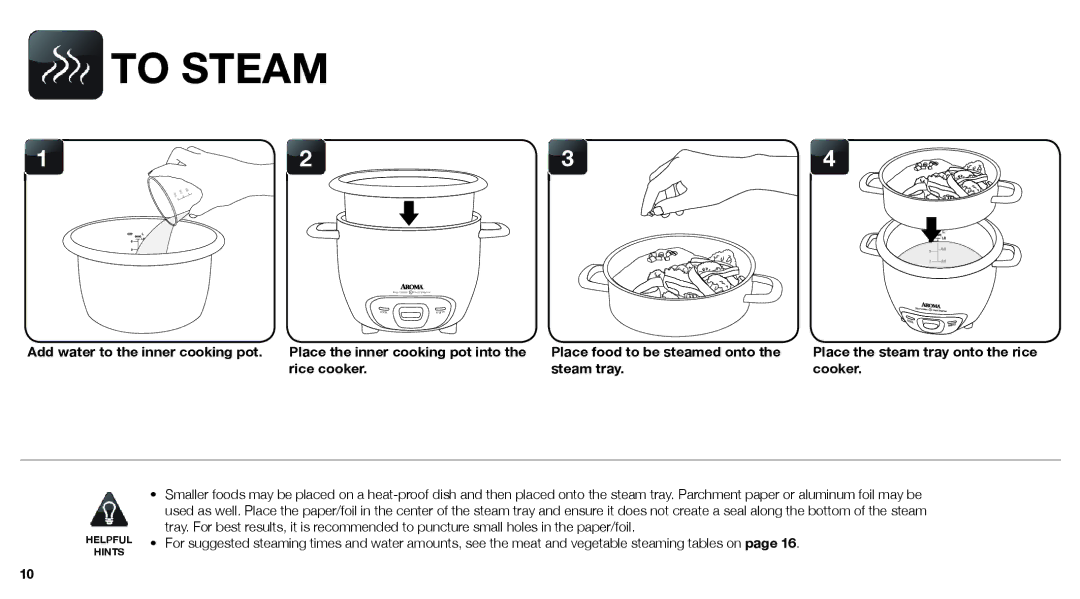 Aroma ARC-743-1NGB, ARC-743-1NGR instruction manual To Steam, Rice cooker Steam tray Cooker 