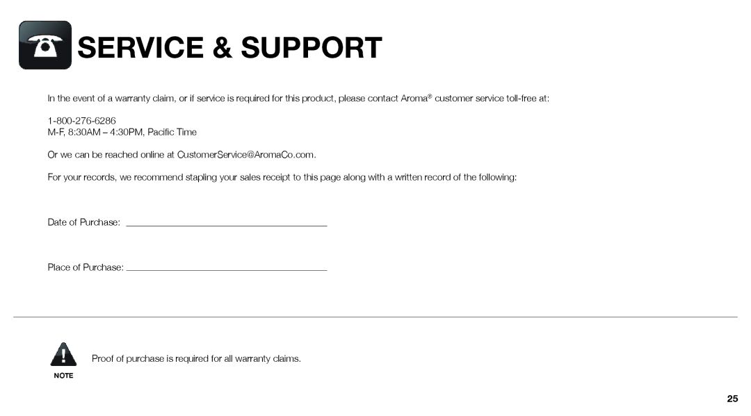 Aroma ARC-743-1NGB, ARC-743-1NGR instruction manual Service & Support 