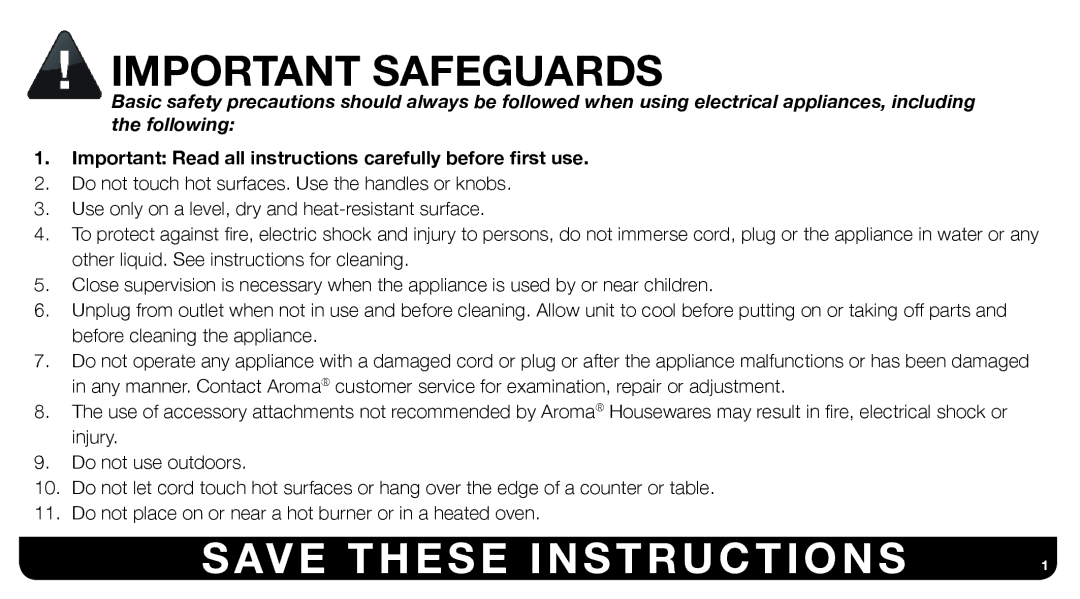 Aroma ARC-743-1NGB, ARC-743-1NGR Important Safeguards, Important Read all instructions carefully before ﬁrst use 