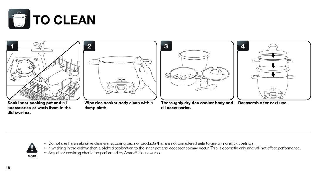 Aroma ARC-743-1NGR To Clean, Soak inner cooking pot and all, accessories or wash them in the, damp cloth, all accessories 