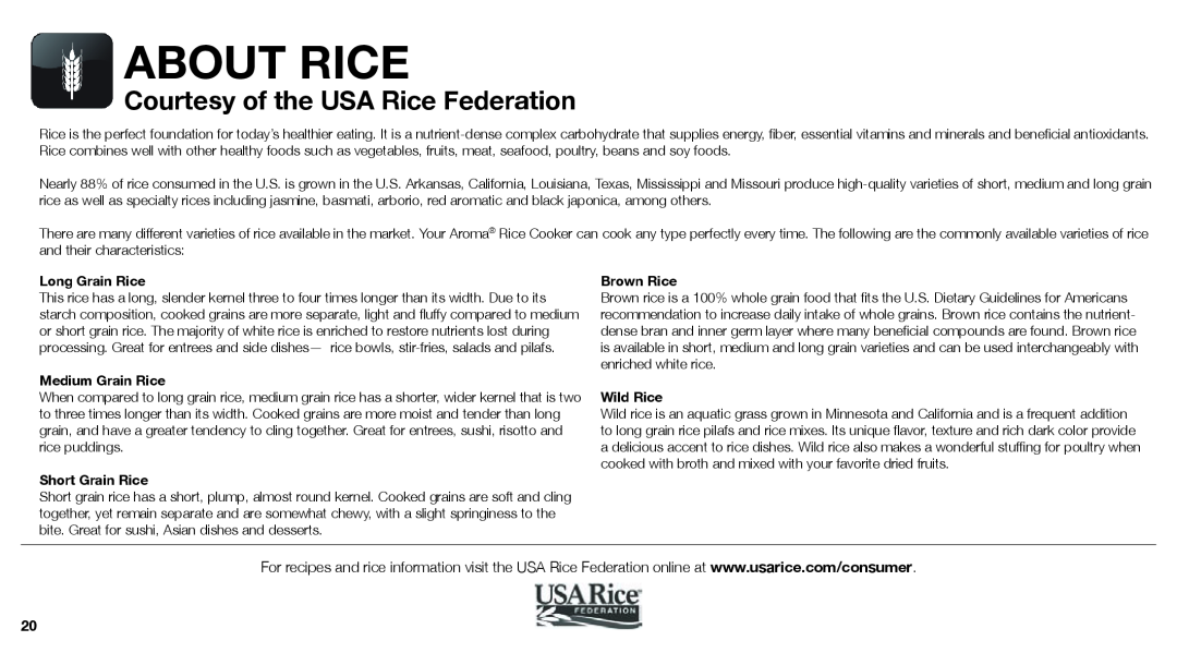 Aroma ARC-743-1NGB, ARC-743-1NGR instruction manual About Rice, Courtesy of the USA Rice Federation 