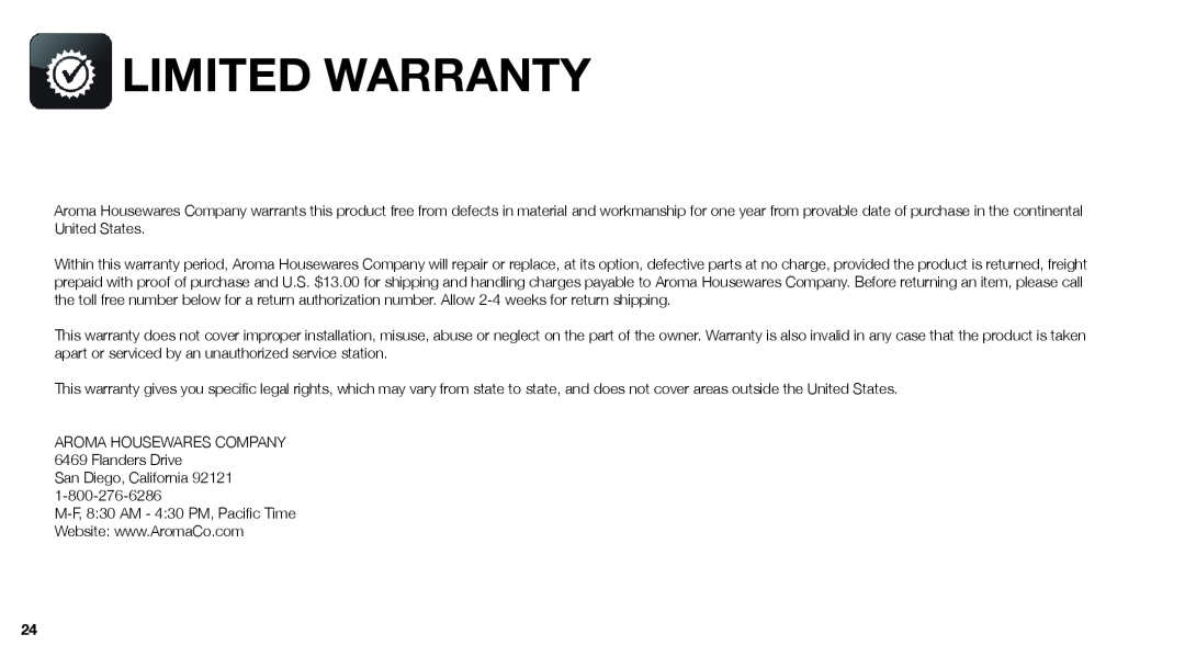 Aroma ARC-743-1NGR, ARC-743-1NGB instruction manual Limited Warranty 