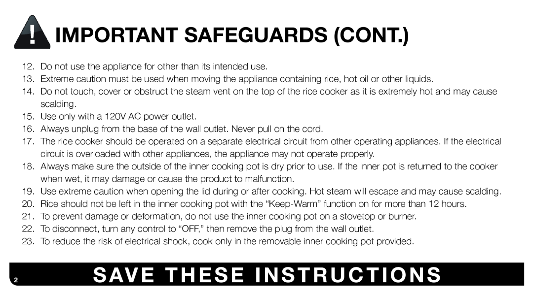Aroma ARC-743-1NGB, ARC-743-1NGR instruction manual Important Safeguards Cont, 2SAVE THESE INSTRUCTIONS 