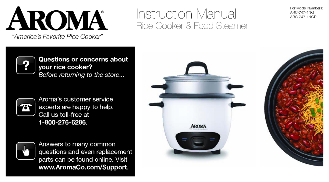 Aroma ARC-747-1NGR instruction manual Rice Cooker & Food Steamer 