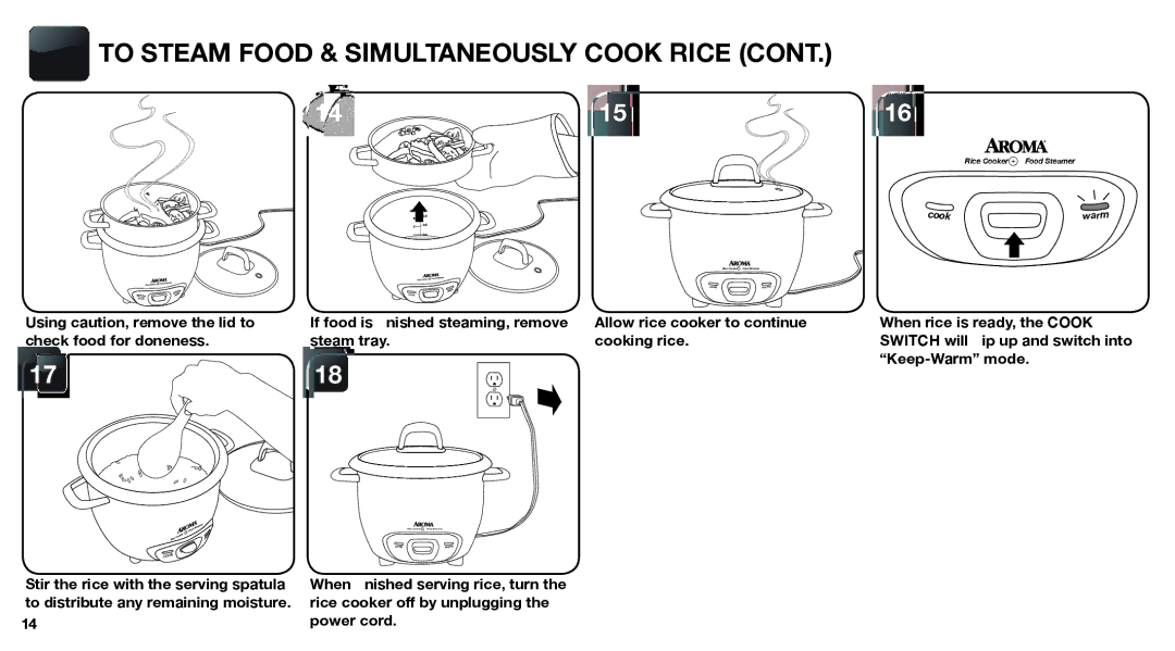 Aroma ARC-747-1NGR instruction manual To Steam Food & Simultaneously Cook Rice 