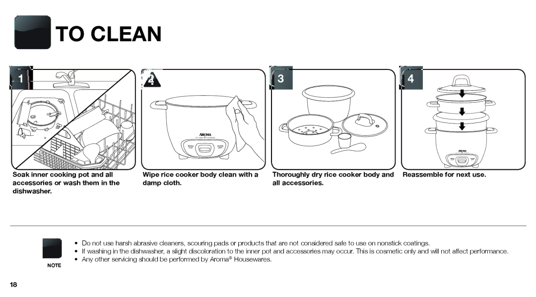 Aroma ARC-747-1NGR instruction manual To Clean, Soak inner cooking pot and all 