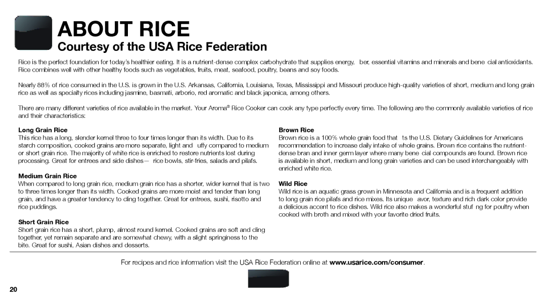 Aroma ARC-747-1NGR instruction manual About Rice, Courtesy of the USA Rice Federation 