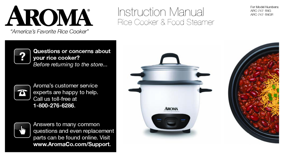 Aroma ARC-747-1NGR instruction manual Instruction Manual, Rice Cooker & Food Steamer, “America’s Favorite Rice Cooker” 