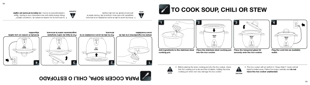 Aroma ARC-750SG instruction manual To Cook SOUP, Chili or Stew, Cooking pot when wet may damage the rice cooker 