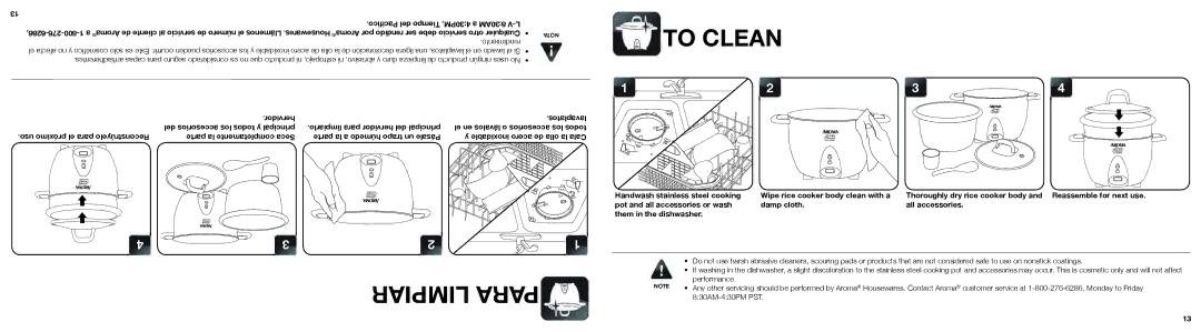 Aroma ARC-750SG instruction manual Performance, 830AM-430PM PST 