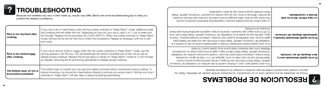 Aroma ARC-750SG instruction manual Troubleshooting, Caramelice o dore se que evitar a ayuda también Warm 