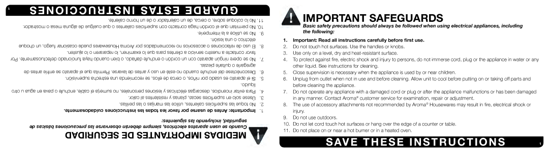 Aroma ARC-750SG instruction manual E N O I C C U R T S N I S TA S E E D R a U G, Important Safeguards 