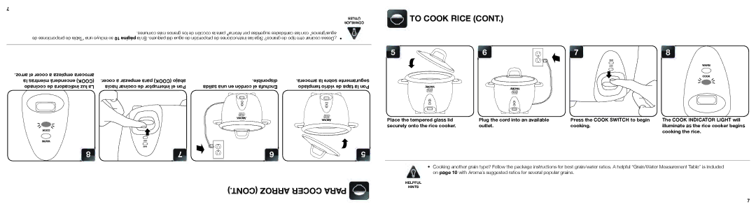 Aroma ARC-750SG instruction manual To Cook Rice, Arroz Cocer Para 