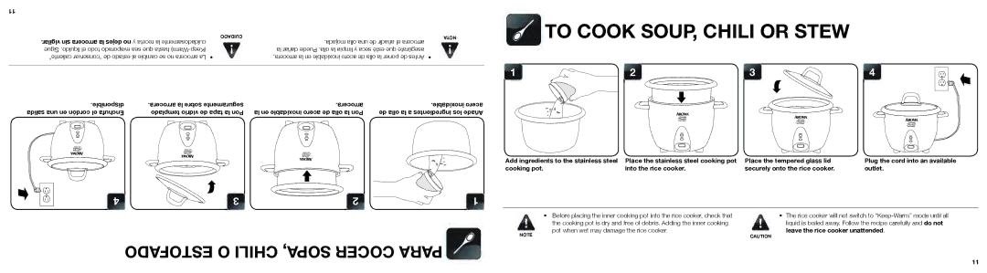 Aroma ARC-753SG instruction manual To Cook SOUP, Chili or Stew, La dejes no 